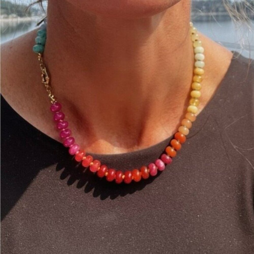 Rainbow Crystal Beaded Necklace 18K Gold Toggle Waterproof Boho Layering Jewelry - Picture 10 of 16